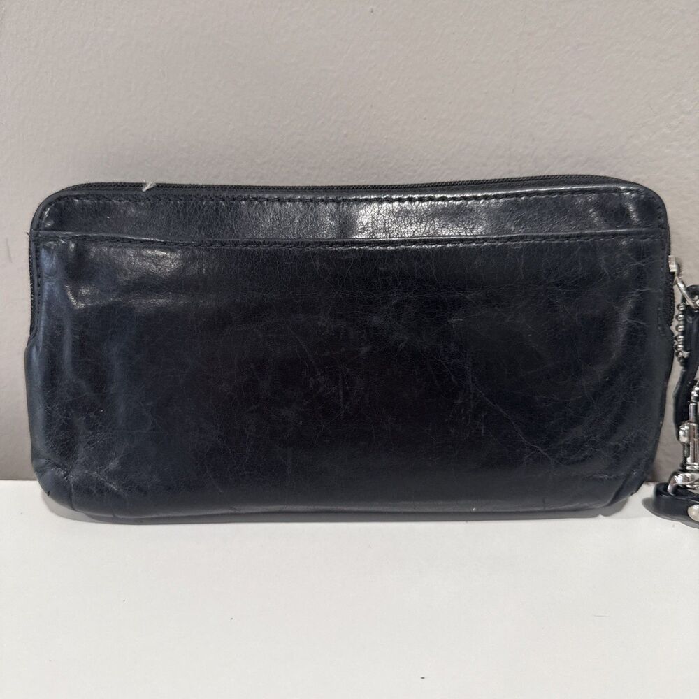 Coach Wristlet Black Leather Wallet Double Zip Striped Legacy Satin Lining 8x4 - Picture 2 of 16